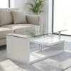 Elegant Crystal Glass Coffee Table with white modern design and clear glass top in a cozy living room setting.