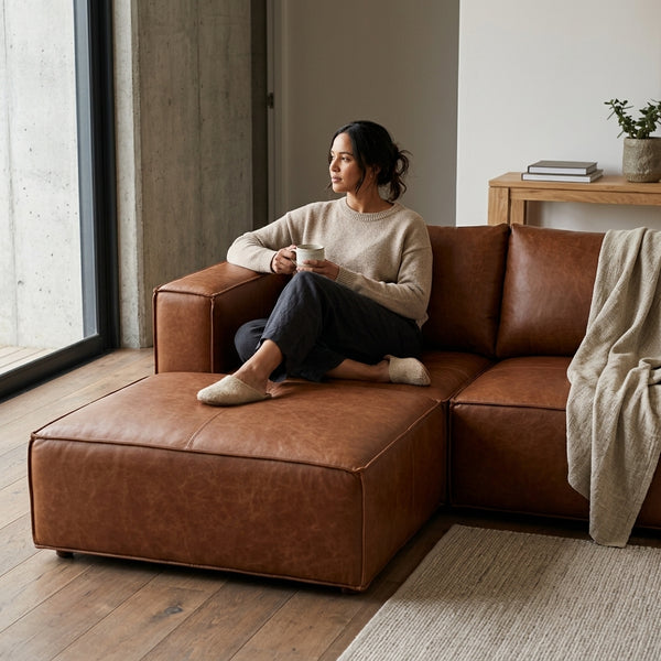 A woman enjoying a cozy moment on a Genuine Leather U-Shaped Sectional Couch, holding a mug and relaxing.