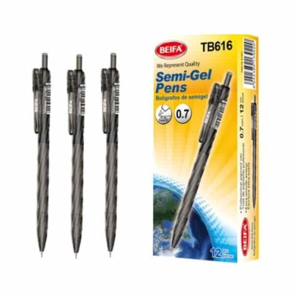 12 pcs Elegant Black Semi-Gel 0.7mm Pen Black with packaging and three pens visible.
