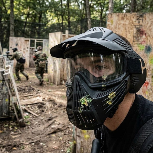 Paintball Shooting Protective Helmet worn by a player in an outdoor paintball game, providing head and face protection.