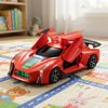 A vibrant Speed Spark Battery-Powered Toy Car with wings open, designed for imaginative play, displayed on a colorful play mat.