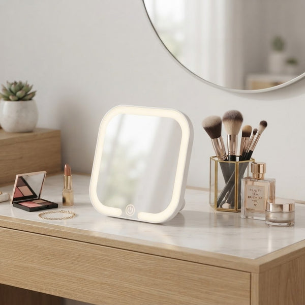 Portable Square LED Makeup Mirror on a vanity with makeup products and brushes, illuminated for easy grooming.