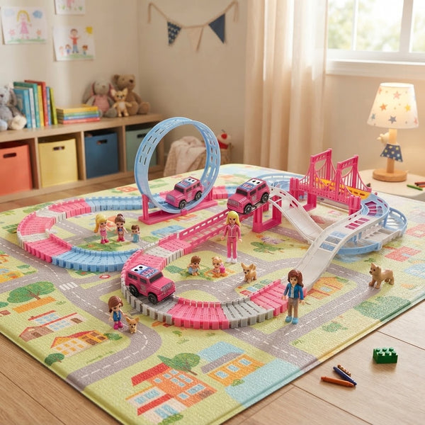 Pink Battery-Operated Toy Race Track Playset with colorful tracks, toy cars, and figures in a vibrant playroom.