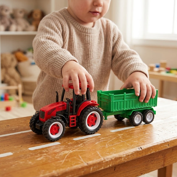Child playing with a Plastic Farm Tractor Toy with Detachable Green Trailer on a wooden table.
