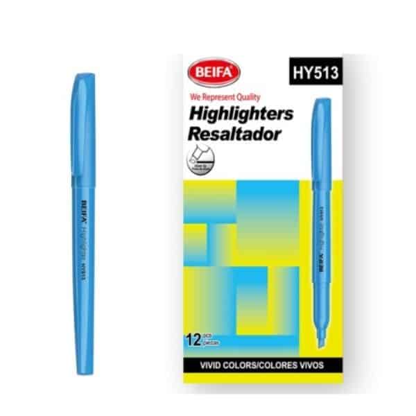 12 pcs 3mm Premium Single Colour Highlighters Blue packaging with a blue highlighter pen.