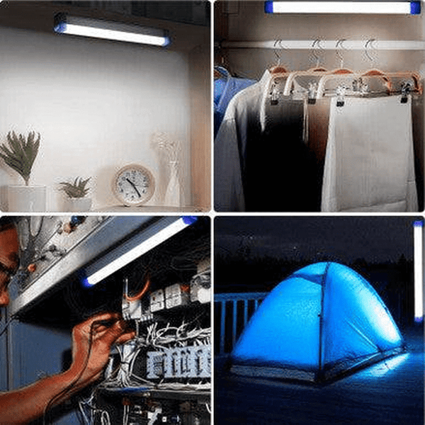 Portable Solar LED Emergency Light System in various settings including emergency use and camping.