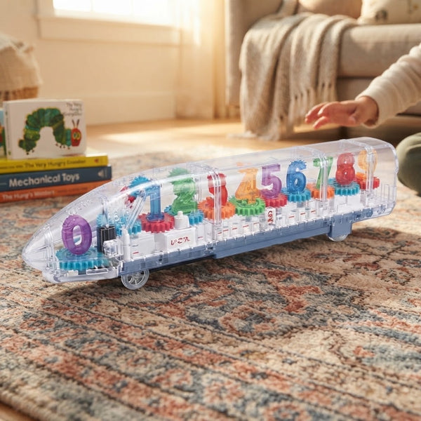 Transparent Mechanical Gear Train Toy showcasing colorful gears and numbers on display.