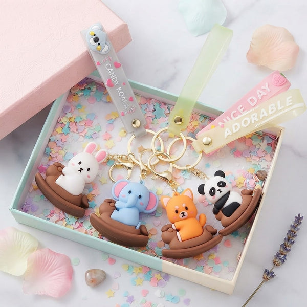 Colorful Cartoon Animal Keychain collection with cute animals in a gift box, perfect for accessorizing bags and keys.
