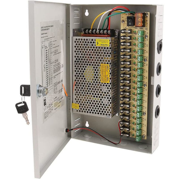 18-Channel 12V DC CCTV Power Supply 30A interior with fuses and power connections.