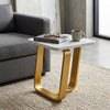 Wooden Coffee Table with Cross Frame Metal Legs beside a sofa, featuring a marble top and a cup of coffee.