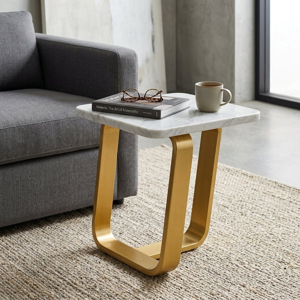 Wooden Coffee Table with Cross Frame Metal Legs beside a sofa, featuring a marble top and a cup of coffee.