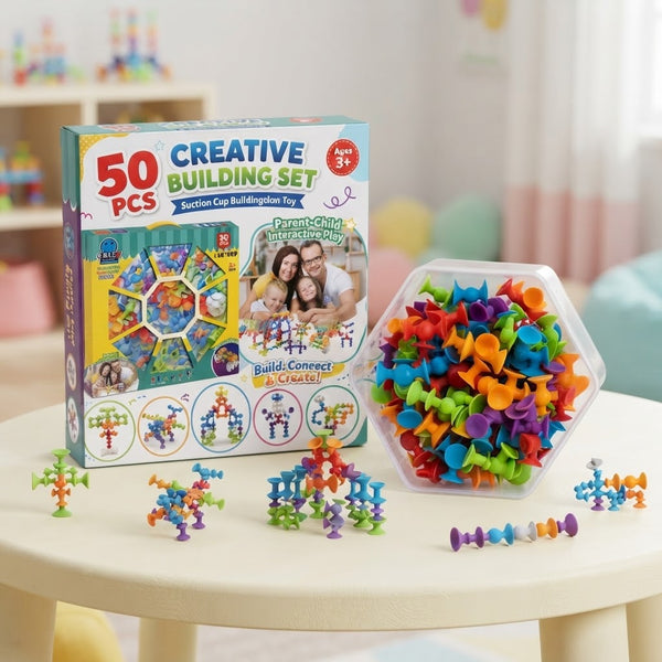 50-Piece Creative Building Set with colorful suction cup pieces for imaginative play and hands-on construction.