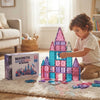 Child building a castle with 58-Piece Diamond Magnetic Building Tiles set in a cozy living room.
