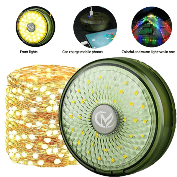 3 Modes Portable Camping String Lights showcasing front lights, mobile charging feature, and colorful warm light.