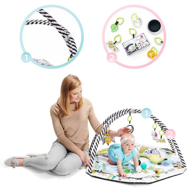 Baby Educational Playmat featuring playful graphics and baby enjoying tummy time on a soft learning floor mat.