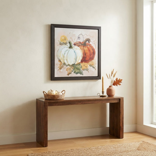 Autumn Pumpkin Framed Wall Art Piece displayed in a cozy living space with pumpkins and rustic decor.