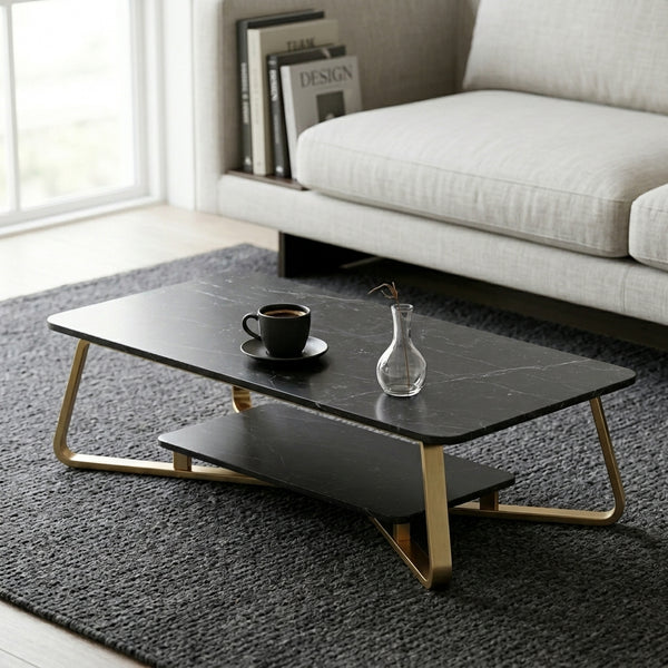 Modern 2-Tier Marble Coffee Table with Gold Frame