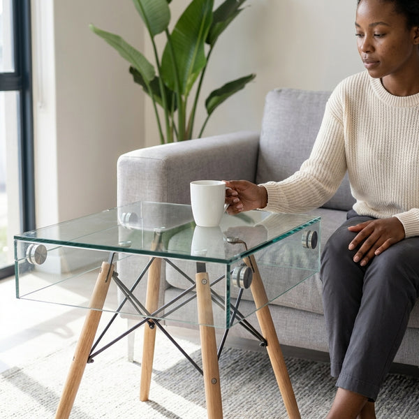 Woman enjoying coffee at a Shelf Bent Clear Glass Side Table Set in a modern living room with greenery.
