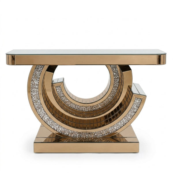 Mirror Console Storage Table Set featuring a modern design with reflective surfaces and decorative circular patterns.
