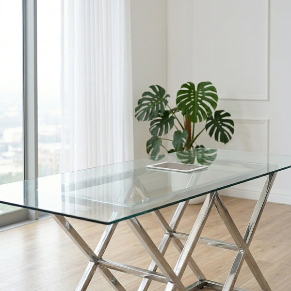 Modern Geometric Chrome Glass Dining Table
