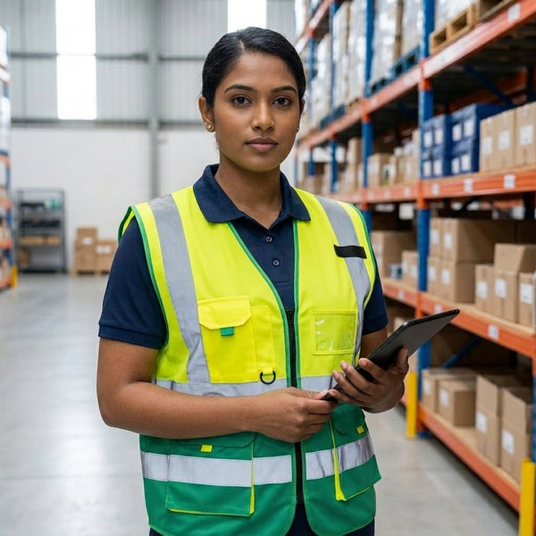 Woman wearing a Pioneer Signaling Vest in a warehouse, highlighting visibility and safety in logistics operations.