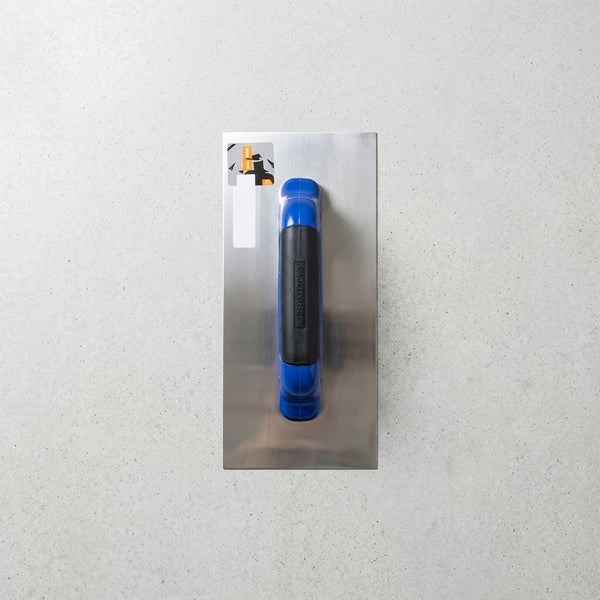 Top view of a Plastering Trowel with a blue handle on a silver metal surface.