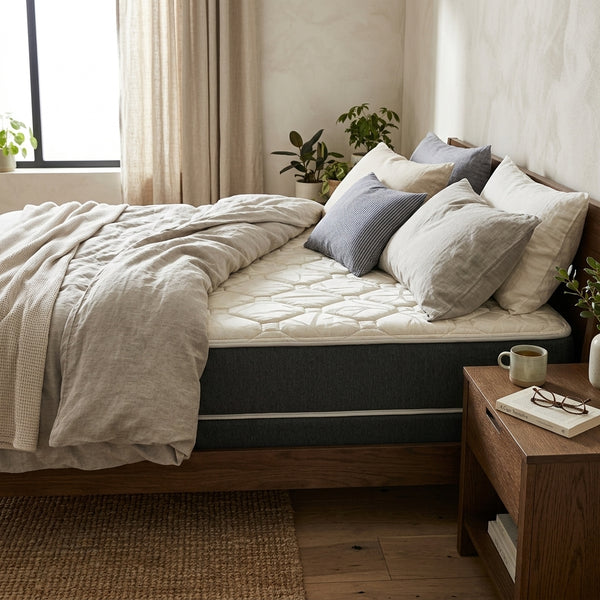 1.8M Medium Firm Support Foam Mattress on a stylish bed with cozy bedding and pillows in a bright room.