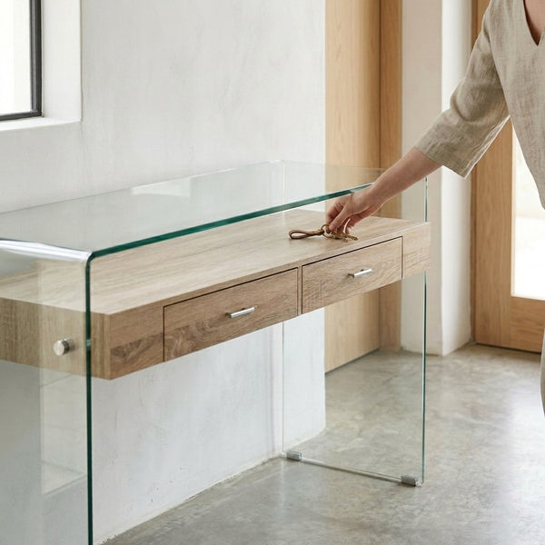 Tempered Glass Console Table featuring a wooden drawer and sleek glass top, ideal for modern interiors.