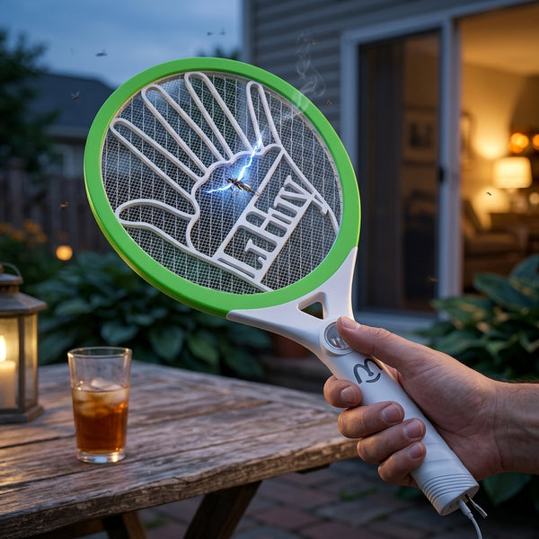 Hand holding the Palm Mesh Core Electric Mosquito Swatter outdoors, showcasing its unique design with lightning effect.