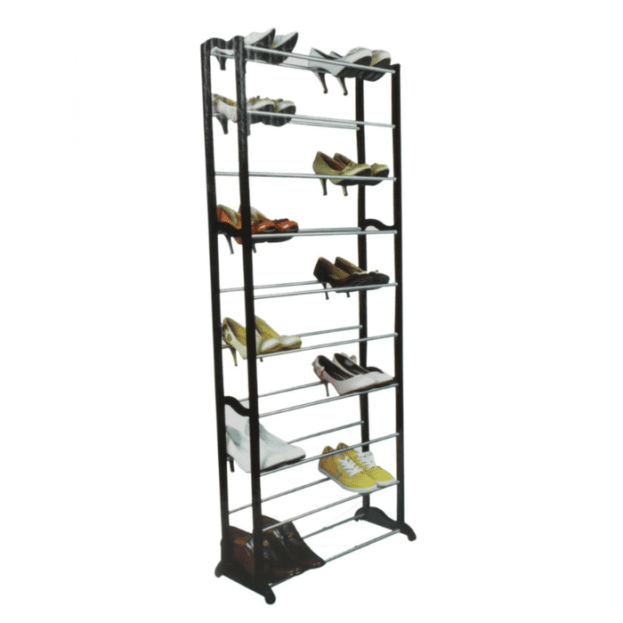 10 Tier Shoe Rack displaying various pairs of shoes in a tall and organized design.