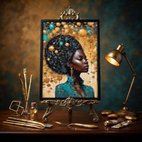Framed Black Girl Magic Canvas Art Portrait of a young Black woman in teal top with gold accents on display.
