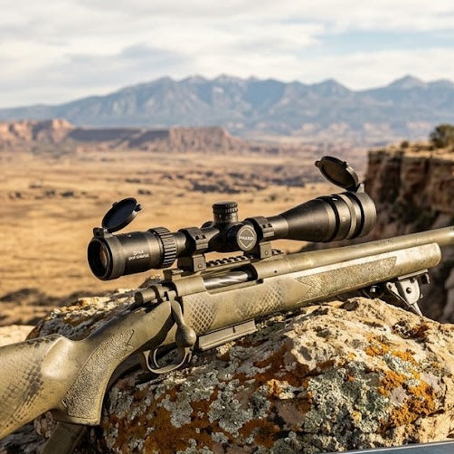 Rifle Scope on a rifle with a scenic mountainous background, showcasing its design and functionality.