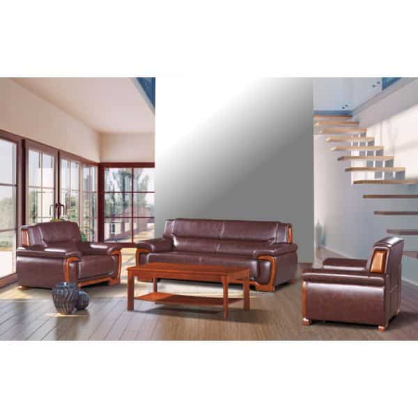 Executive Genuine Leather Office Lounge Set in a modern office setting with wooden accents.