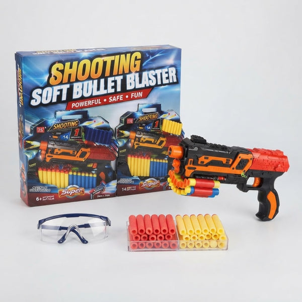 Shooting Soft Bullet Blaster Toy Foam Dart Gun Set with blaster, soft foam darts, and safety goggles.