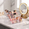 5-Tier Crystal-Style Beauty Organizer with cosmetics and skincare on a marble countertop.