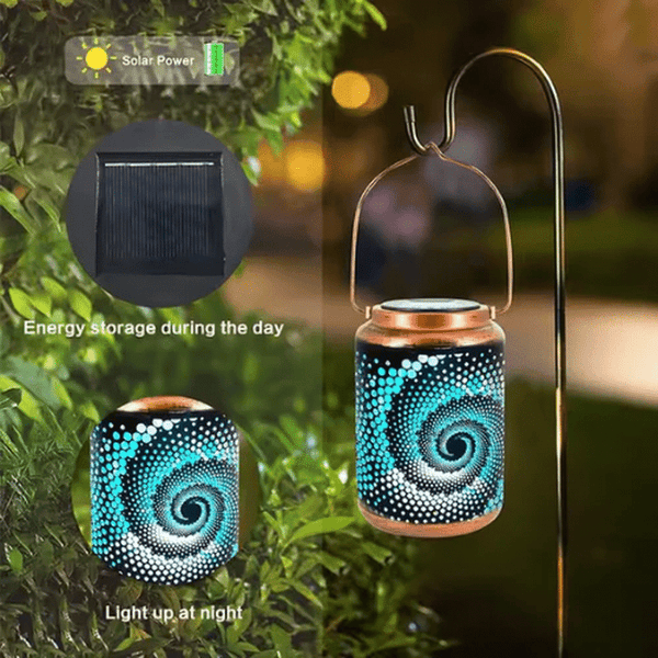 Outdoor Solar Garden Lantern hanging in a garden, showcasing solar power functionality and vibrant lighting.