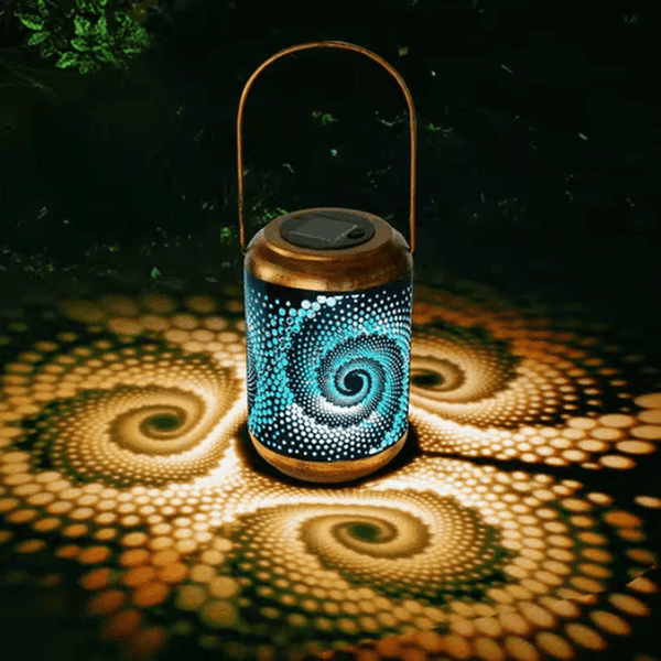 Outdoor Solar Garden Lantern casting vibrant light patterns in a garden setting, showcasing its unique design and solar-powered functionality.
