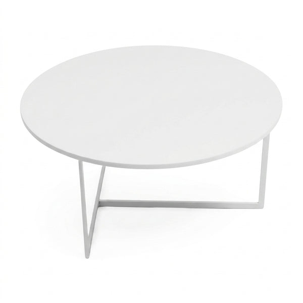 Scandinavian Round Coffee Table with a white round top and minimalist metal base.