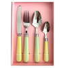 24 Piece Stainless Steel Blue Handle Cutlery set featuring a knife, fork, and two spoons with stylish blue handles.