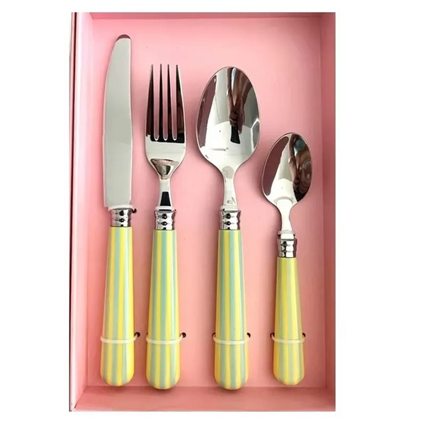 24 Piece Stainless Steel Blue Handle Cutlery set featuring a knife, fork, and two spoons with stylish blue handles.