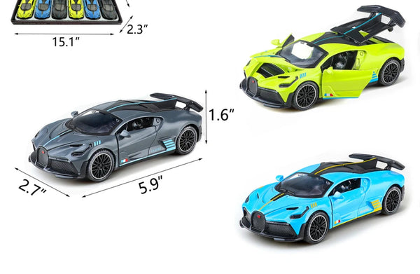 1 32 Scale Diecast Pull Back Supercar trio featuring grey, yellow, and blue models with detailed designs.
