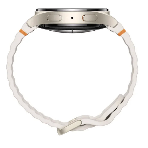 Beige Smartwatch with Android OS viewed from the side showing the sleek design and adjustable strap.