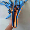 Close-up of the Baby Moon Walk harness system in blue and orange, showcasing its padded design for toddler safety.