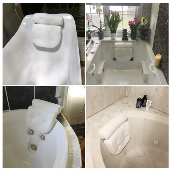 Non Slip Take Bath Pillow with Suction Cups displayed in various bathtubs, showcasing its comfort and stability.