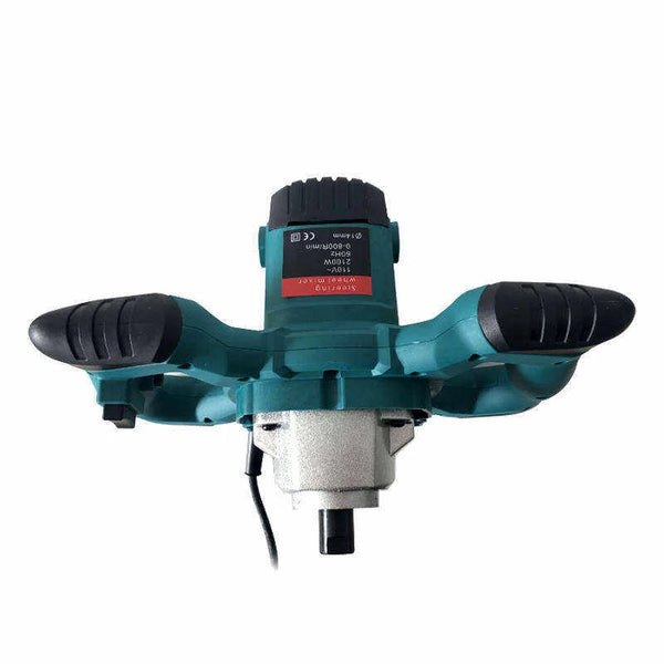 Professional Brushless Electric Mixer showing the top view of the high-torque tool for mixing construction materials.