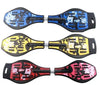Metal Twist Surfing Waveboard Skateboard in blue, yellow, black, and red colors, showcasing their unique two-deck design.