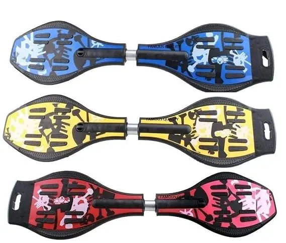 Metal Twist Surfing Waveboard Skateboard in blue, yellow, black, and red colors, showcasing their unique two-deck design.