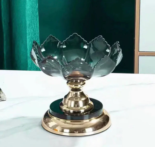 Acrylic Multi Layer Crystal Fruit Stand elegantly displaying fruits on a stylish table with a gold base.