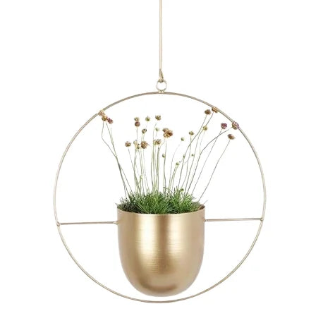 Modern Metal Hanging Pendant Light Fixture with a stylish gold planter and greenery, perfect for contemporary spaces.
