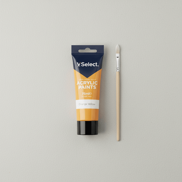 Acrylic Paint 75ml - Orange Yellow tube alongside a paintbrush on a neutral background.